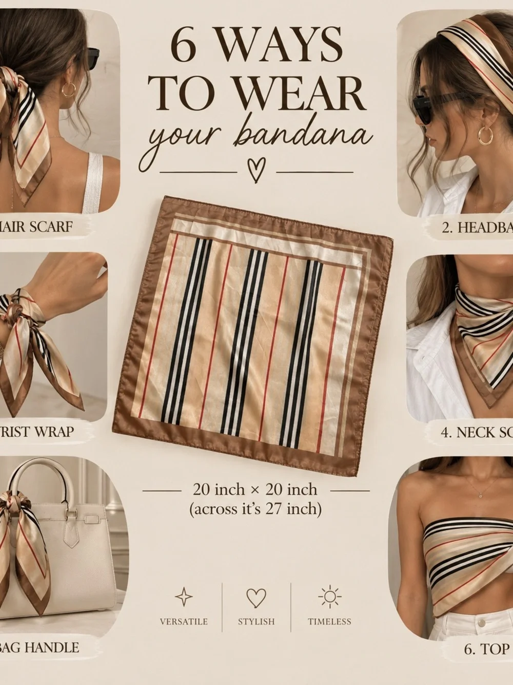 Silky-feel Striped Neck Scarf - Beige and Brown